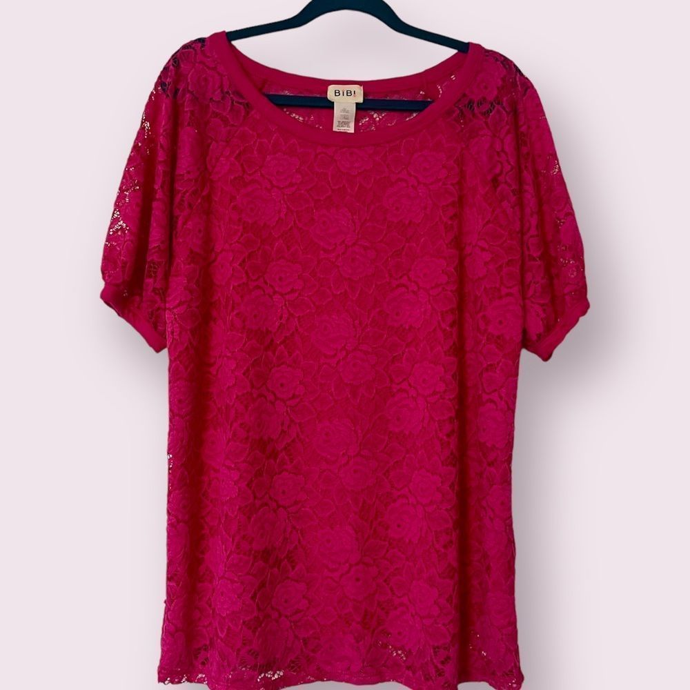 Hot Pink, Fuchsia Puff Sleeve Lace Top, Barbie Pink Top - XL